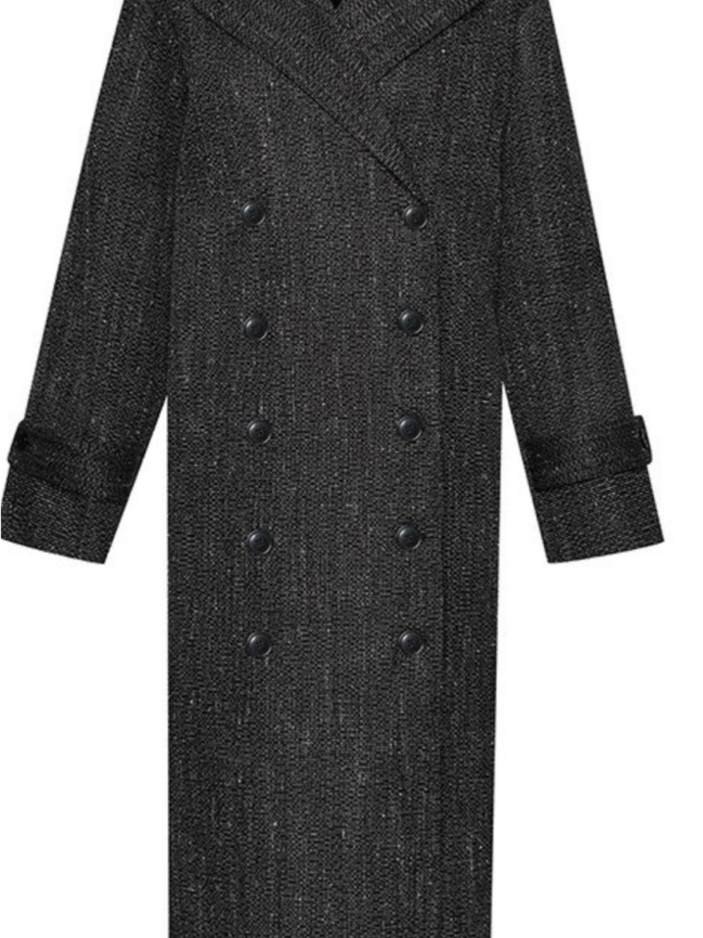 Long Double-Breasted Black Tweed Trench Coat